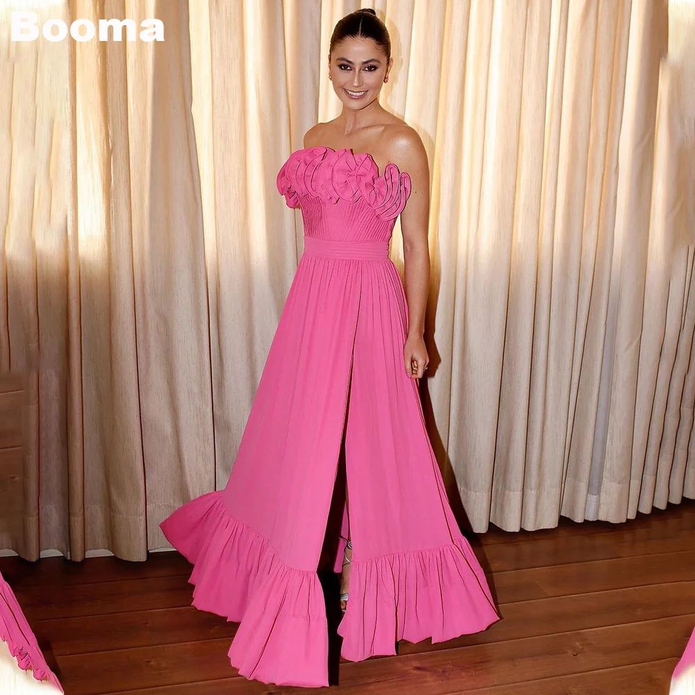 

Booma Hot Pink A-Line Prom Dresses Ruffles Strapless Pleated Women's Evening Dresses High Side Slit Ruched Formal Party Gowns