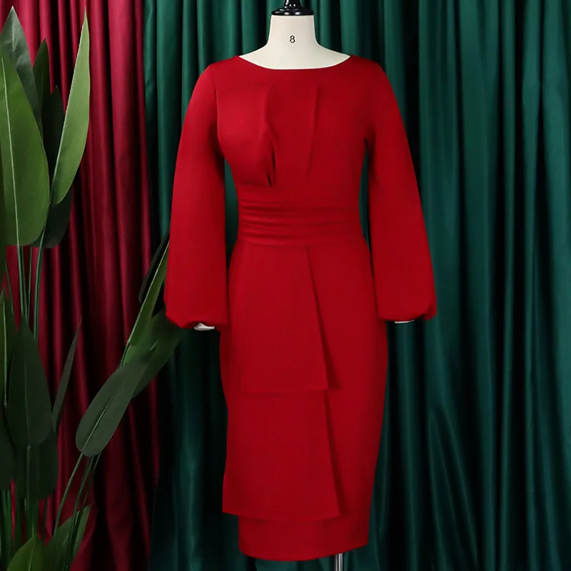 Spring Autumn Office Lady Pleated Solid Bag Hip Plus Size Elegant Round Neck Patchwork Zipper Puff Long Sleeve Pullover Dress