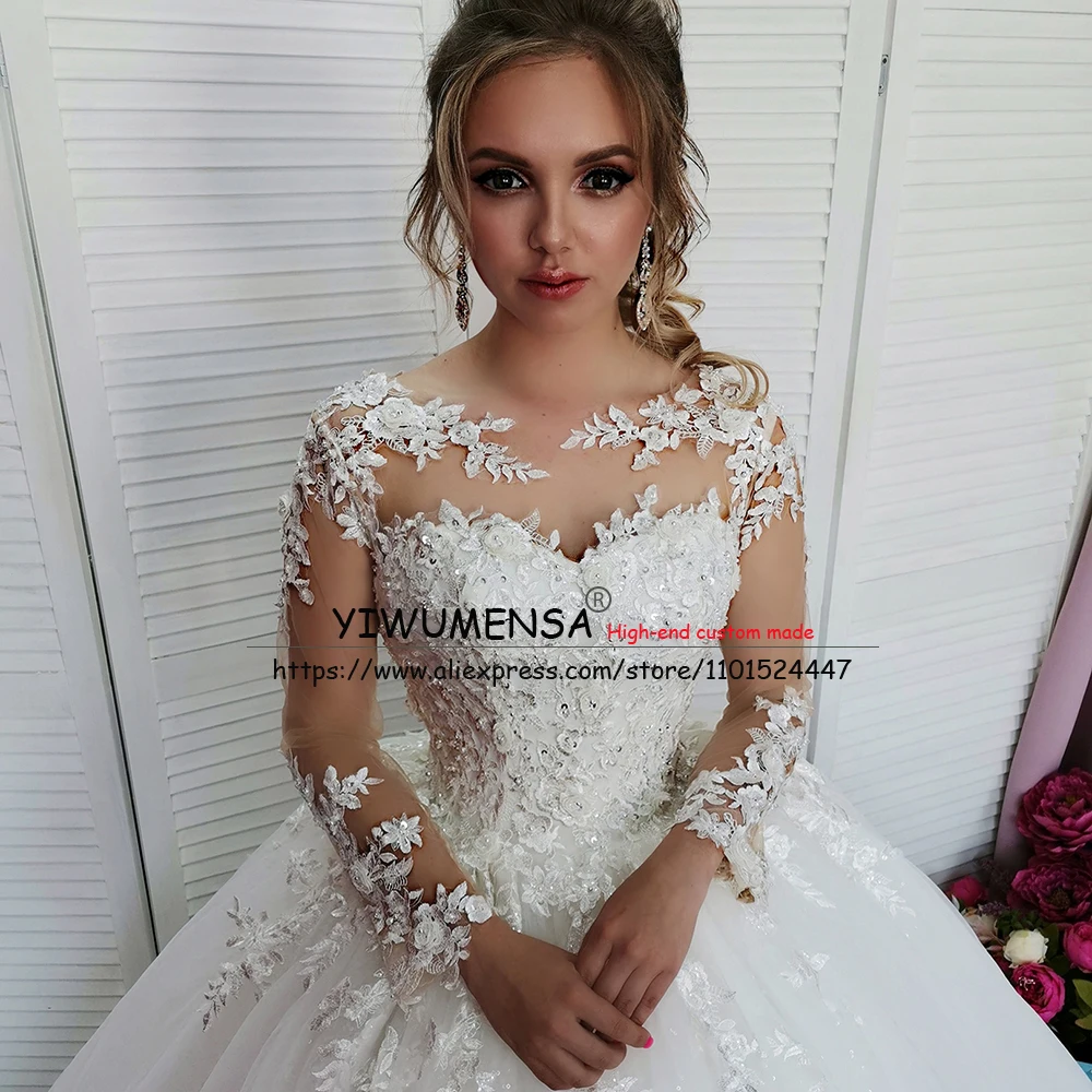 

White Princess Ball Gown Wedding Dress Full Sleeves O Neck Appliques Lace-Up Back Bridal Party Robe De Mariage 2022 Nouveauté