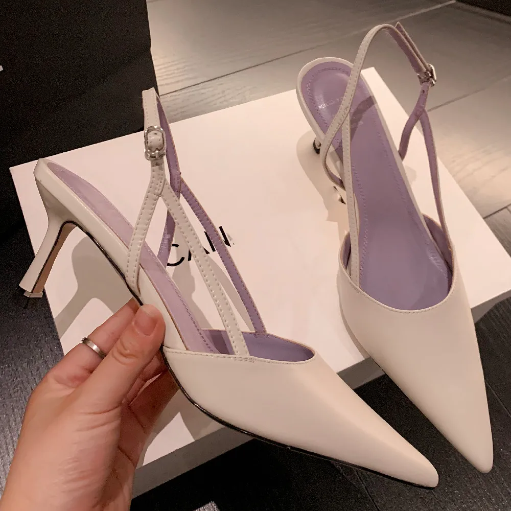 

Women's genuine leather thin high heel pointed toe slip-on pumps elegant ladies slingback slim daily dress high heels sandals