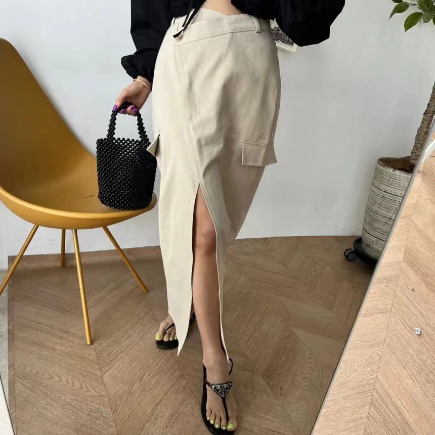 

Vintage Irregular High Waist Split Cargo Skirts For Women 2023 Summer Pockets A-line Korean Chic Skirt Female Jupe 2693