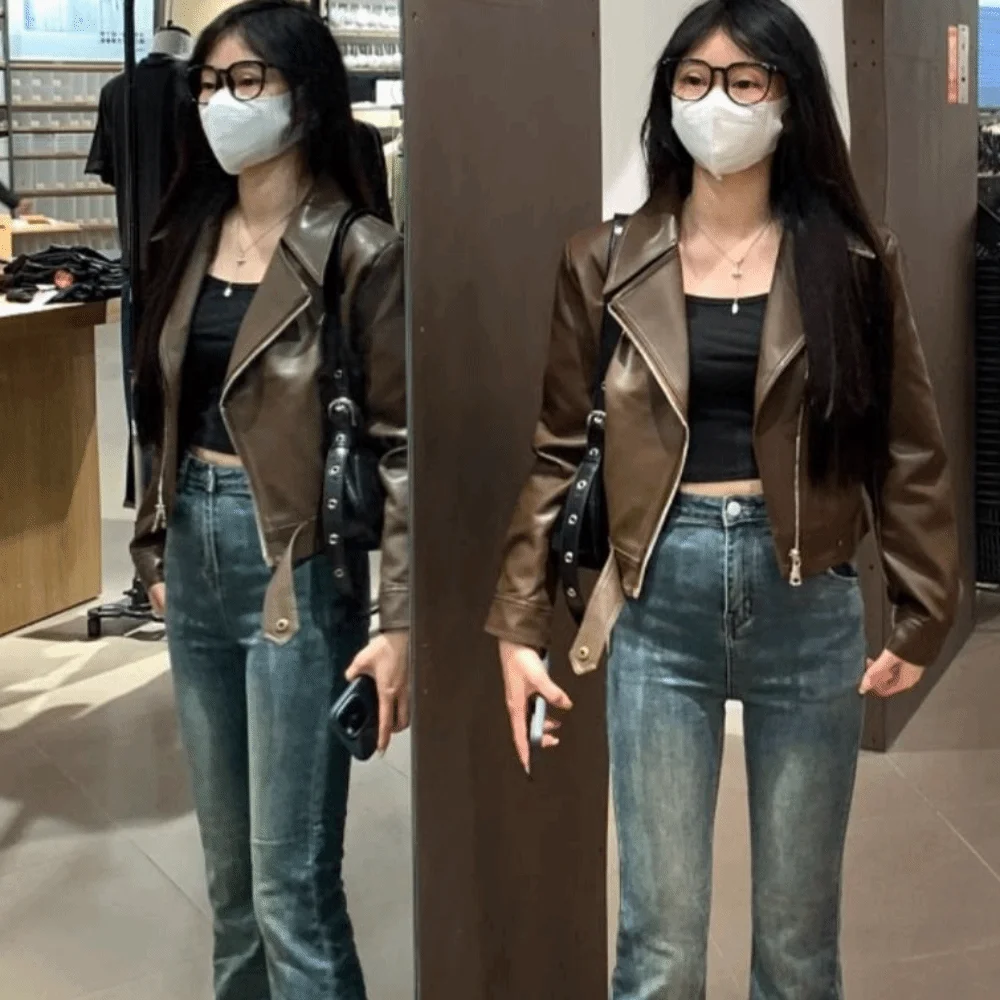 Fashion Pleated Leather Jacket Women Korean Chic Lapel Collar Vintage PU Coats Outerwear Zipper Overcoat Streetwear