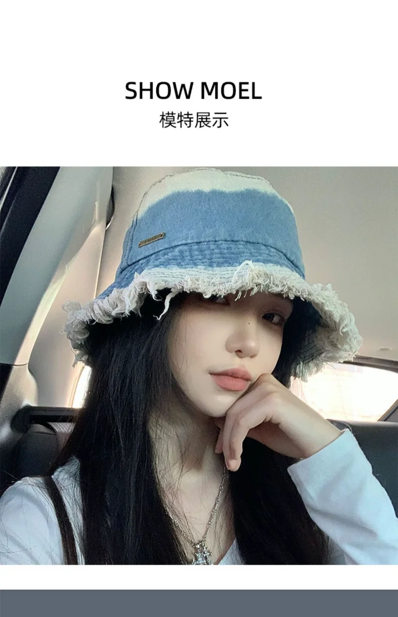 2023 Denim Bucket Hats for Women Japanese Big Head Retro