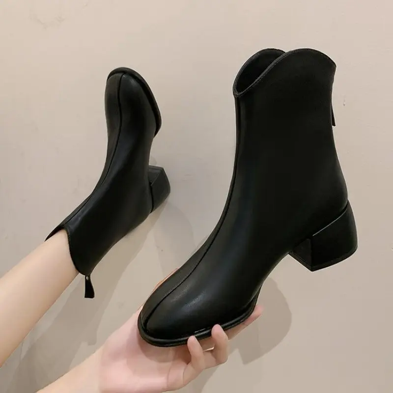 2024 Luxury Brand Women Beige Block High Heels Ankle Winter Female Square Toe Chelsea High Quality Ladies Short Boots New Shoes