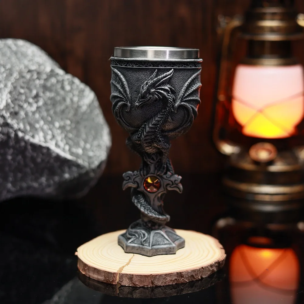Creative Dragon Series Beer Goblet Stainless Steel Inlaid Resin Hand-painted Theme Party Wine Glass Goblet for Friends Gift