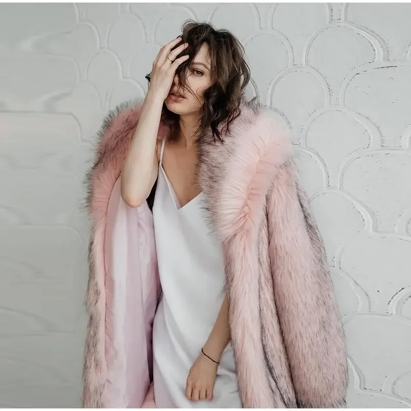 Winter Faux Fur Long Coat For Women Fashion Full Sleeve Fur Collar Oversize Female Jacket New Elegant Thick Warm Outwear