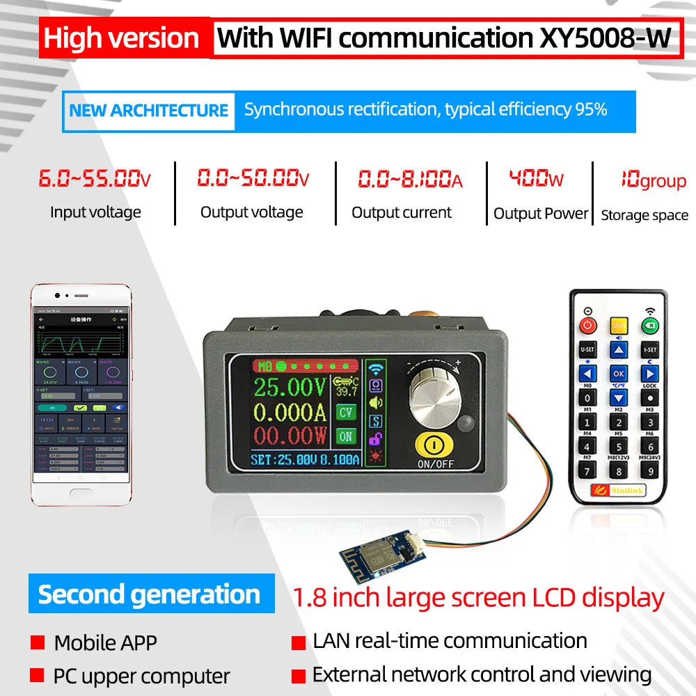 400W 50V 8A Variable DC DC Buck Converter CC CV Adjustable Power Supply Module Laboratory Step-Down Voltage Regulator WIFI APP