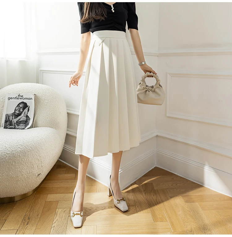 2022 Spring Summer Women's Elegant Pleated Suit Skirts High Waist Fashion Office Ladies Elastic Waist A-line Midi Skirt Vintage brown skirt