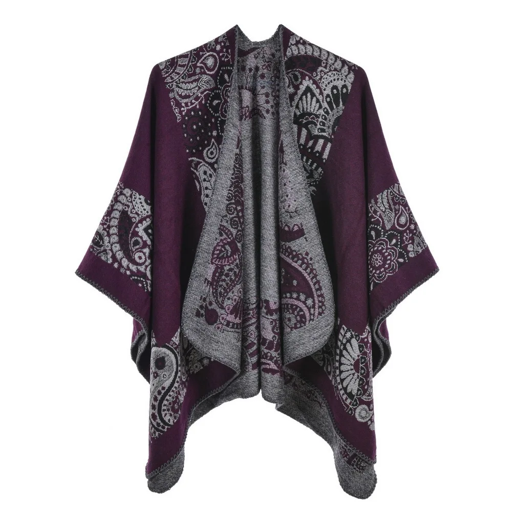 Autumn Winter Printing Double Faced Double sided Split Warm Cape Women Imitation Cashmere  Poncho Lady Capes Purple Cloaks autumn winter printing double faced double sided split warm cape women imitation cashmere poncho lady capes gray cloaks