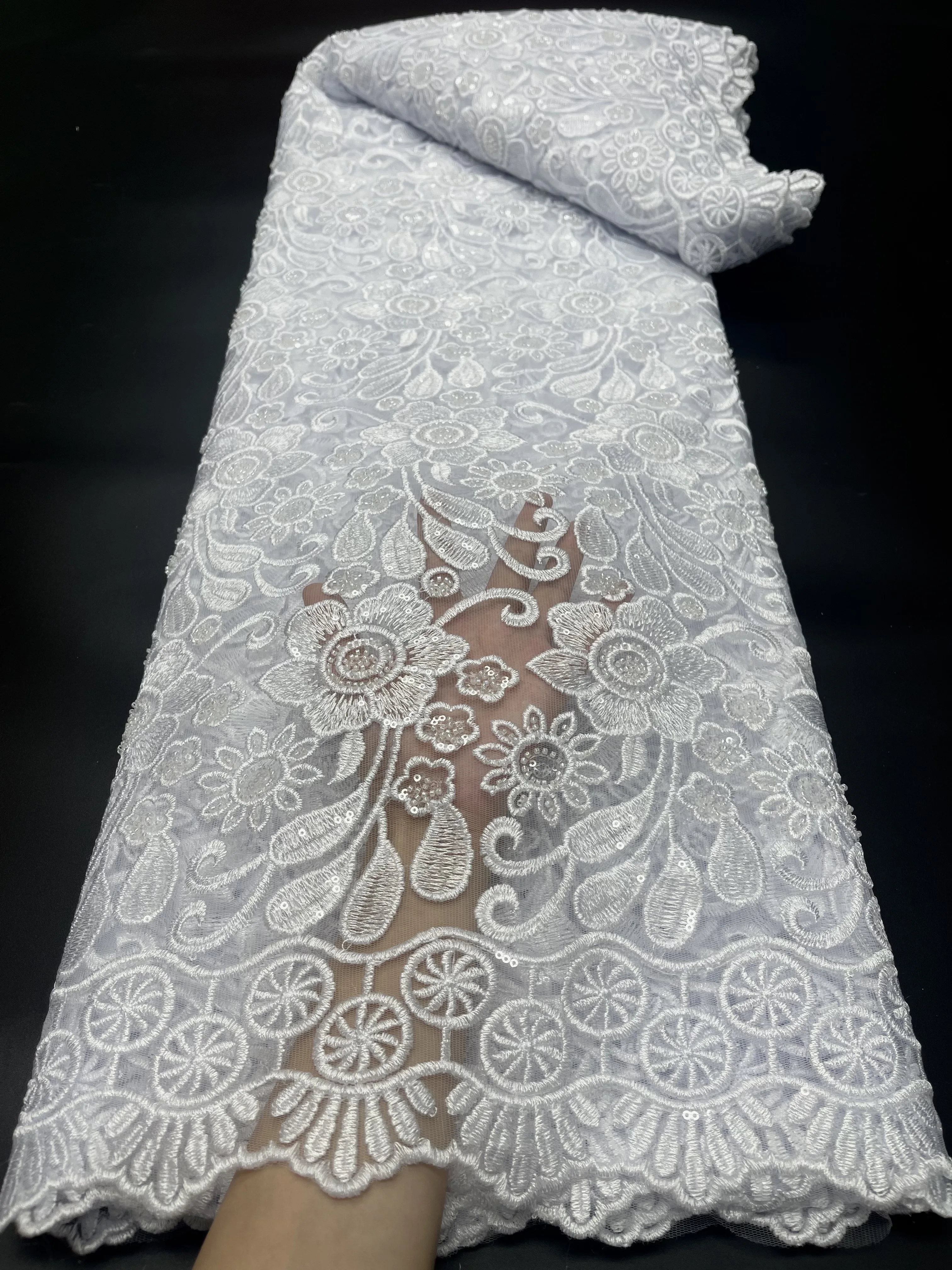 

Pure White Nigerian Handmade Beaded Tulle Lace Fabric 2023 High Quality African Sequins Embroidery Lace Fabric For Bridal Dress