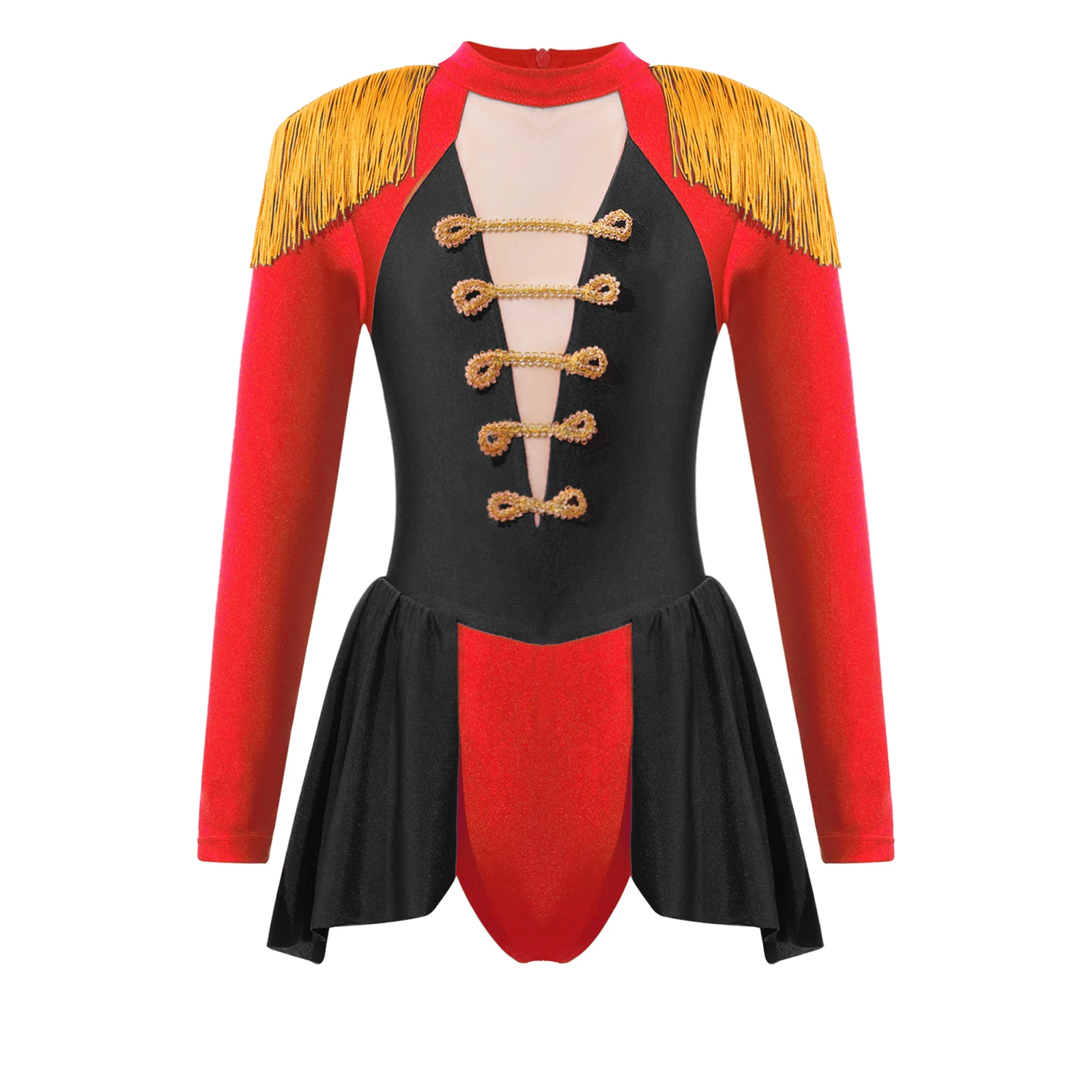 

Girls Long Sleeve Leotard Jumpsuit Kids Circus Ringmaster Cosplay Outfit Drum Major Costume Tassel Epaulet Jumpsuit with Skirt