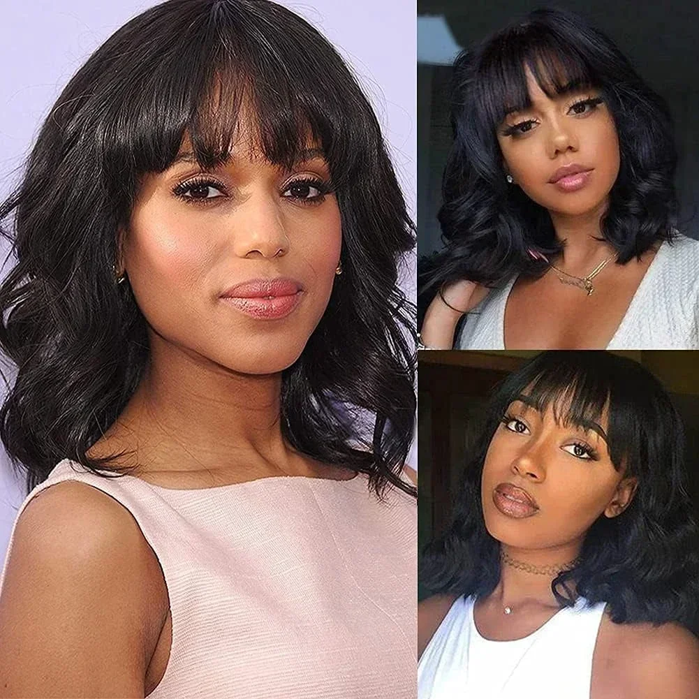 Body Wave Human Hair Wigs With Bangs Short Bob Lace Top Scalp Fringe Wigs Brazilian Human Hair Glueless Bangs Wigs For Women