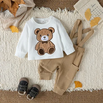 2PCS Baby Boys Boys Autumn Cute Long Sleeve Top With Bear +Button Jumpsuit Playsuit Overalls Sets Clothes Casual Outfits 1
