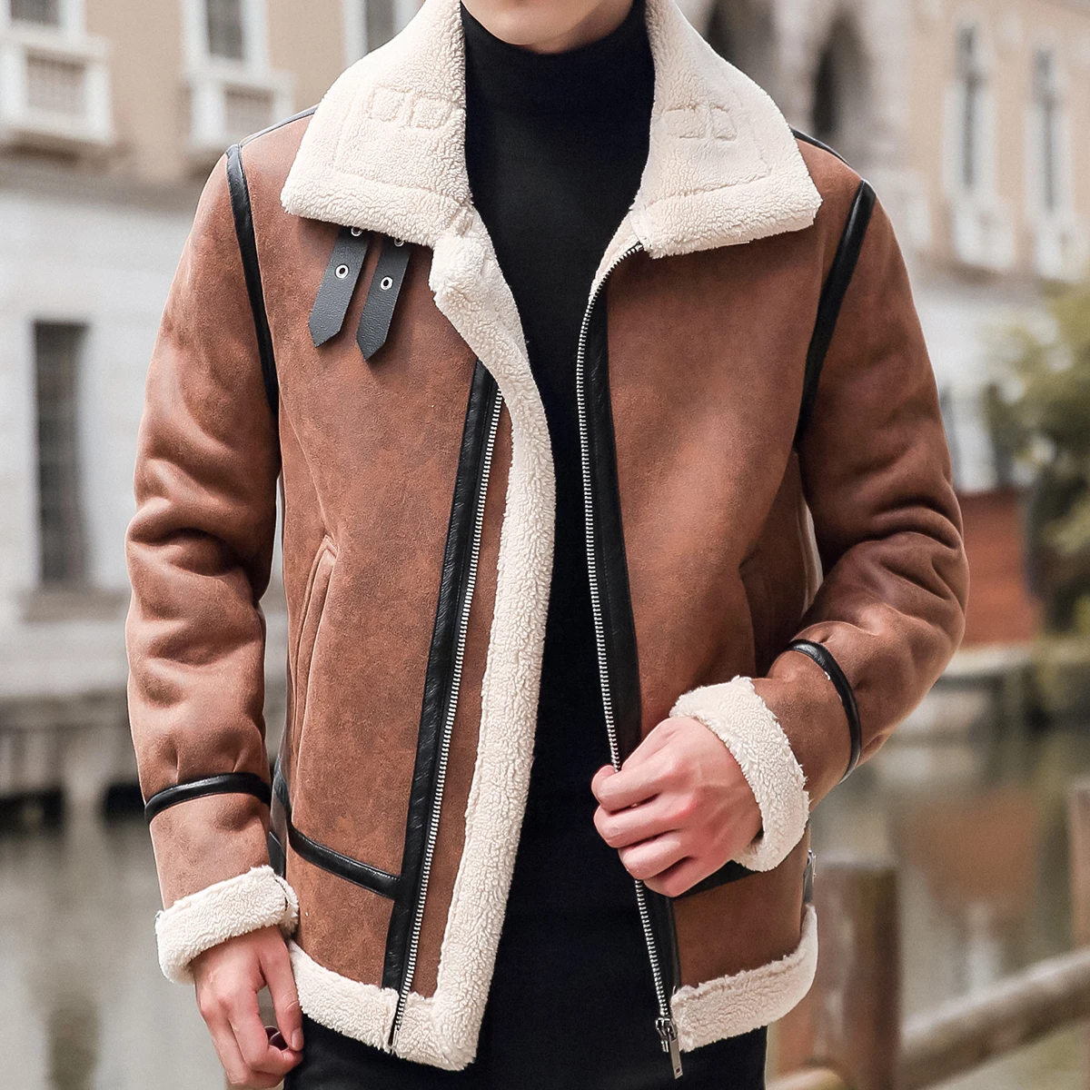 Lamb Cashmere PU Leather Jacket Mens Plus Velvet Men Winter Warm Motorcycle Thickened Leather Coat Man Fleece PU Coats leather jackets men winter jacket