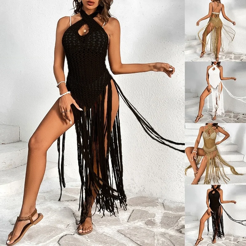 Sexy Crochet Dress Women Hollow Out Cross Halter Backless Bandage Tassel Bikini Cover Up 2025 Trendy Temperament Beach Cover-ups 1