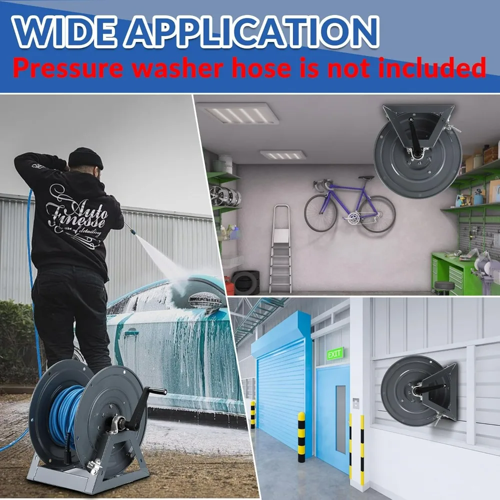 Manual Crank 300-Foot Heavy Duty Hose Reel for Pressure Washers with 3/8-Inch Diameter and M22 Fitting, Suitable for Wall, Floor