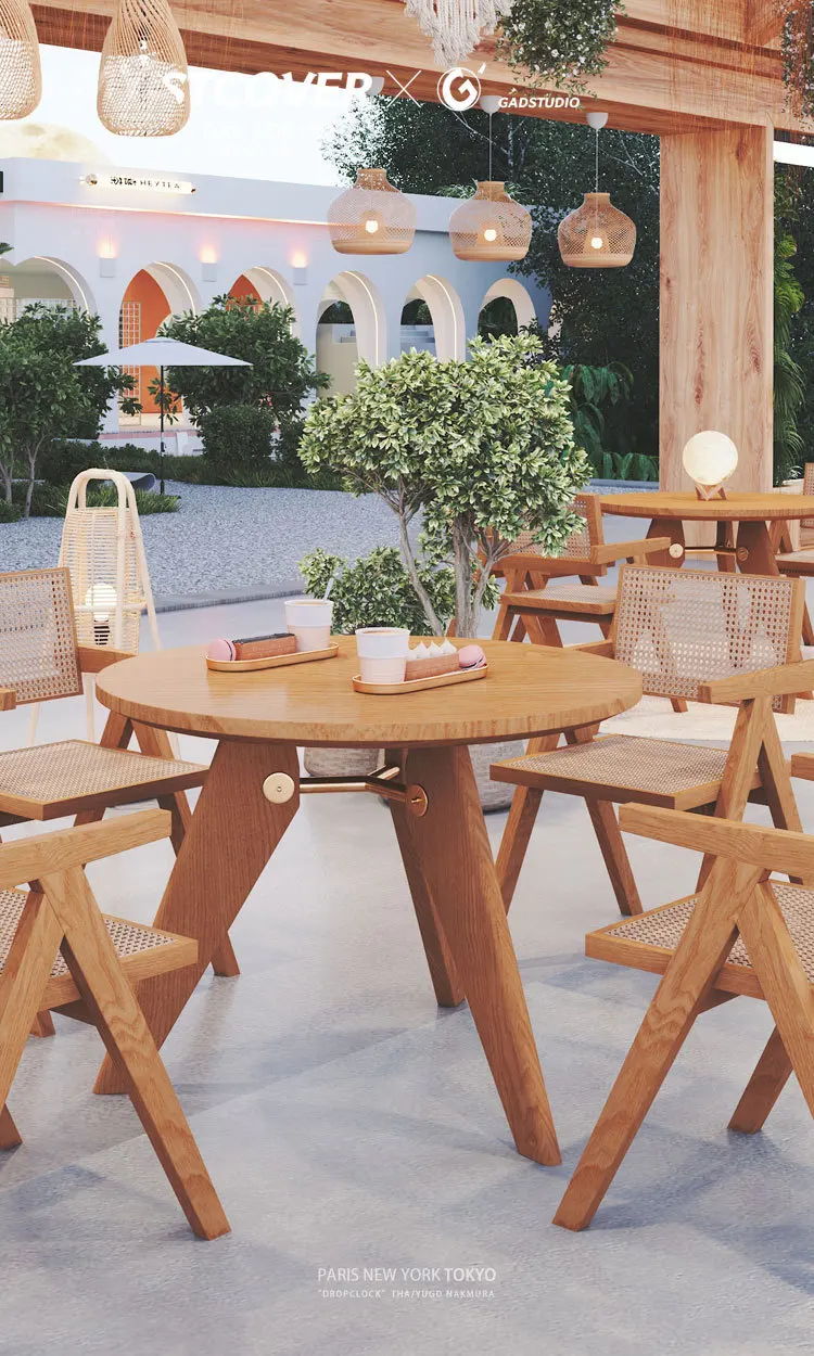 Rattan Restaurant Solid Wood Table and Chair Combination Set Coffee House Wabi-Sabi Wind Negotiation Lounge Area