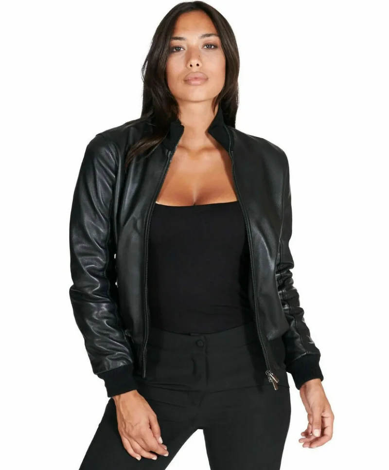 Genuine Leather Women Authentic Lambskin Pure Leather Jacket Black Bomber Biker Coat