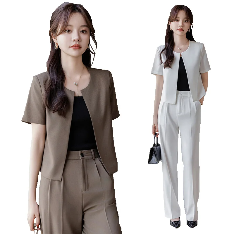 

Women Casual Blazer and Pant Suit Female O-Neck Short Sleeve Cardigan Jacket Trouser Business Work Wear 2 Piece Set For Summer