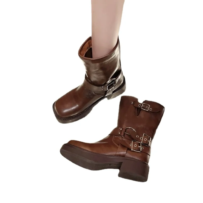 Autumn Winter Square Toe Woman Ankle Boots Fashion buckle Ladies Elegant Thick High Heel Short Boots Shoes Black Women's Boots