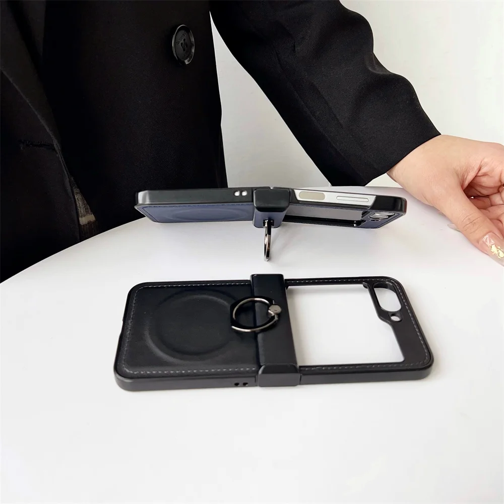 Enhanced Leather Magnetic Ring Holder Phone Case with Stand - Shockproof Cover for Samsung Z Flip Series