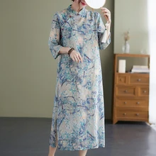 

2022 women's half sleeve vestido qipao dress cotton and linen chinese style floral print chinese dress cheongsam qipao