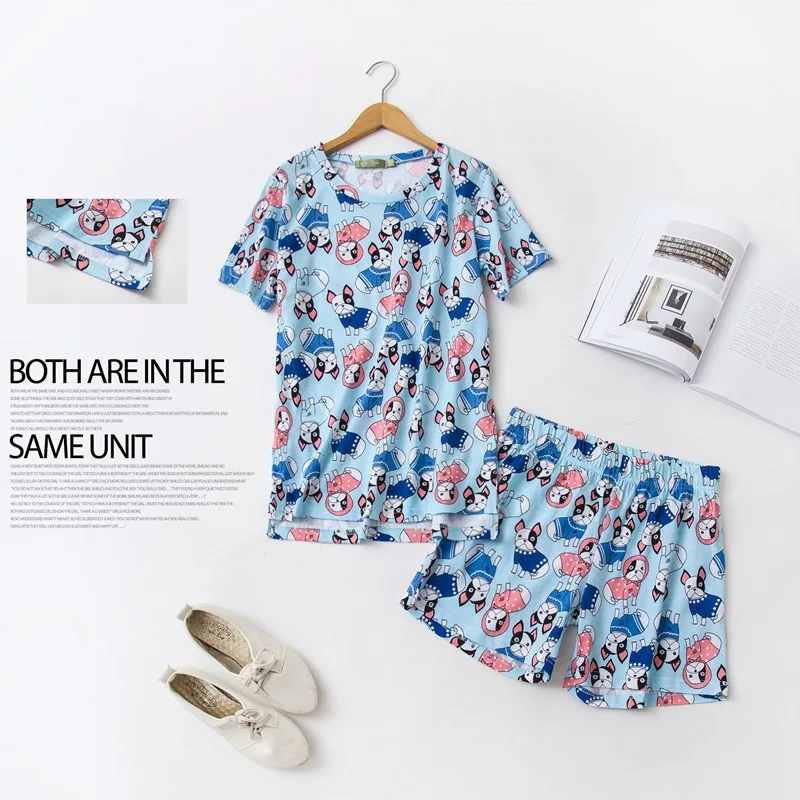 Women Knit Cotton Short Sleeve Cartoon Shorts Pajamas Sets Summer