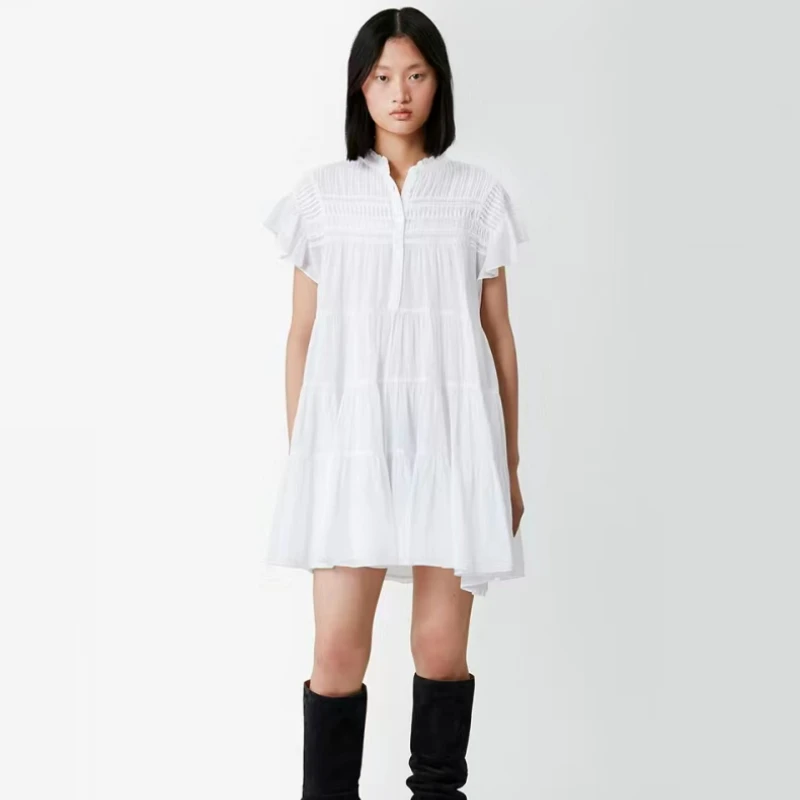 

2023 Spring and Summer New Ladies Lace Stand Collar Pleated Ruffled Sleeve Mini Dress