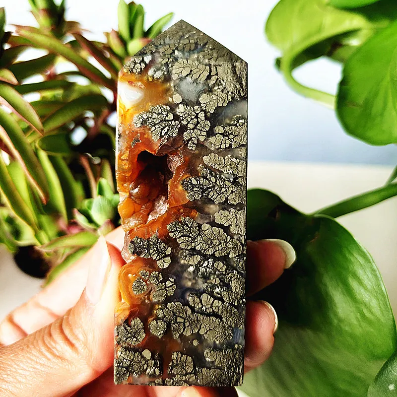 Natural Agate Crystal Tower Stone Wand Point  Room Decoration Agate and Pyrite Mineral Symbiont Ornaments Reiki Healing Crystals 6
