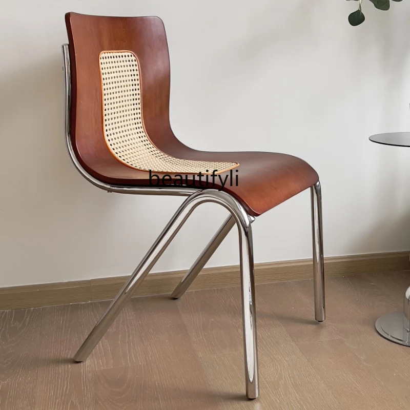 

H Chair Home Dining Chair French Style Retro Rattan Solid Wood Ins Style Stainless Steel Office Chair