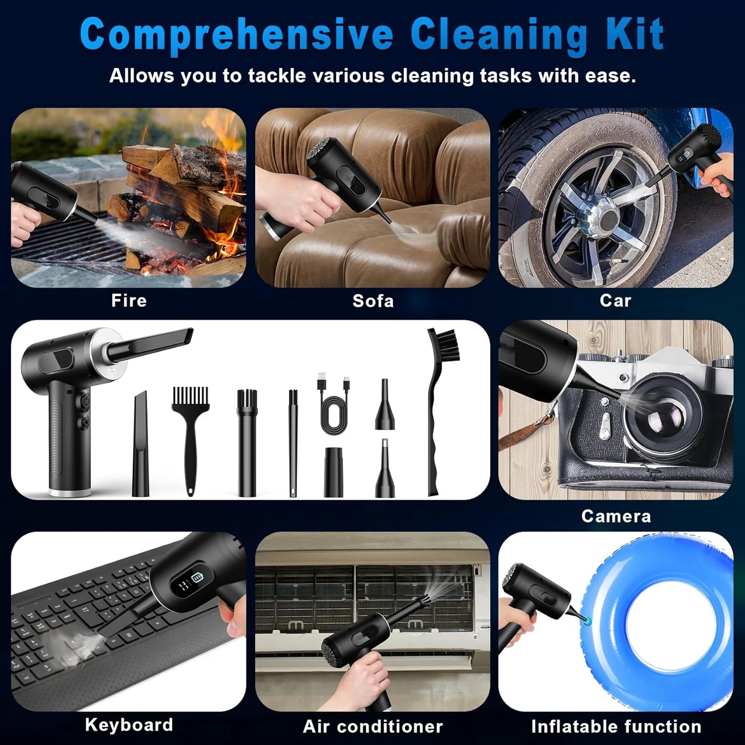 Compressed Air Duster-3 Gear Adjustable 100000RPM Electric Air Duster with LED Light, Rechargeable Cordless Blower