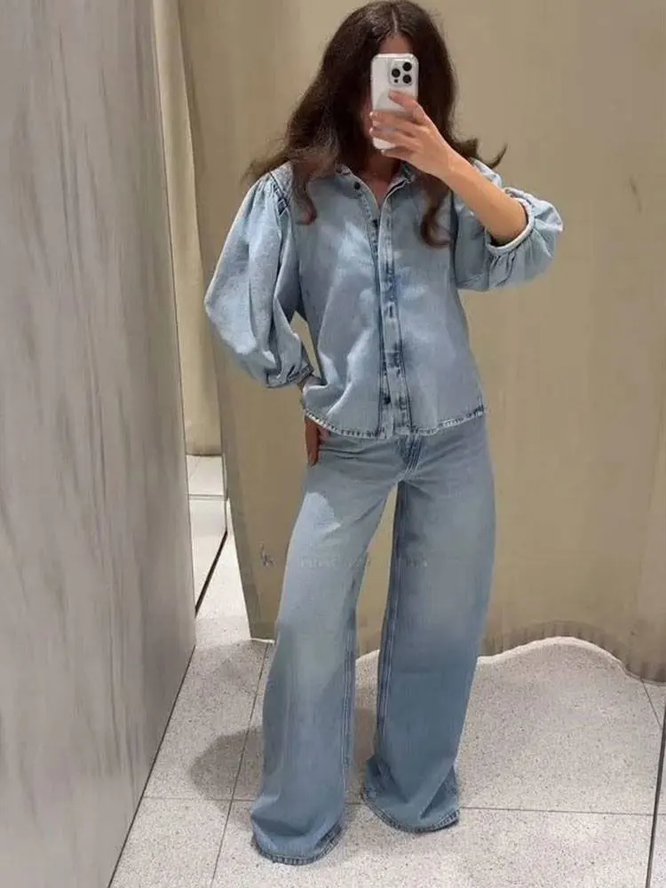 HH Women Elegant Blue Denim Blouse Single Breasted Lapel Puff Sleeve Shirt Female Fashion Streetwear Y2K Lady Chic Tops