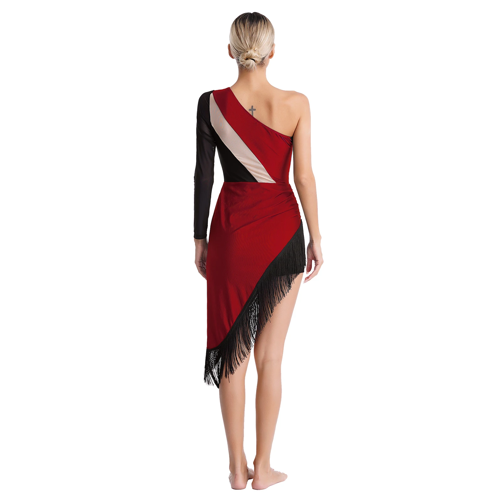 Latein-Tanzkleid mit Pailletten, Cha-Cha-Tango-Tanzkleid für Damen, Kabarett-Quaste, glänzende Strasssteine, One-Shoulder-Abschlussball-Ballsaalkleid – Detail 7