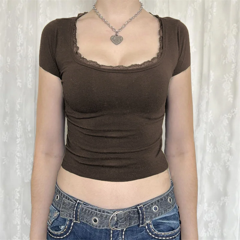 y2k Lace Trim Crop Top 2000s Women Clothes Solid Color Square Collar Short Sleeve T Shirt Aesthetic Clothing Streetwear