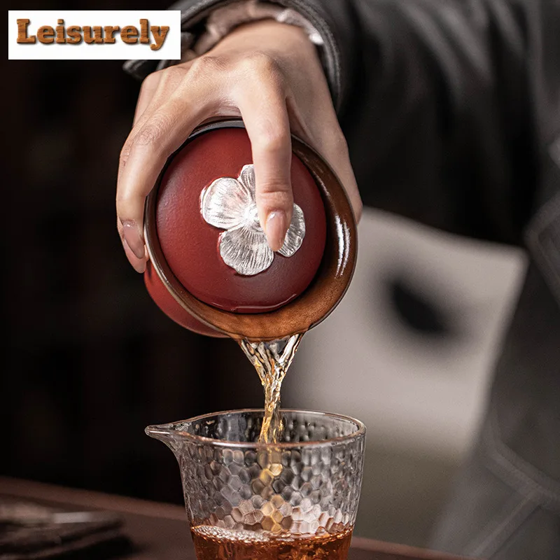 160ml Silver Persimmon Red Gaiwan Boutique Tea Tureen Tea Bowl With Lid Kit Tea Maker Cover Bowl Kung Fu Teaset Accessories Gift