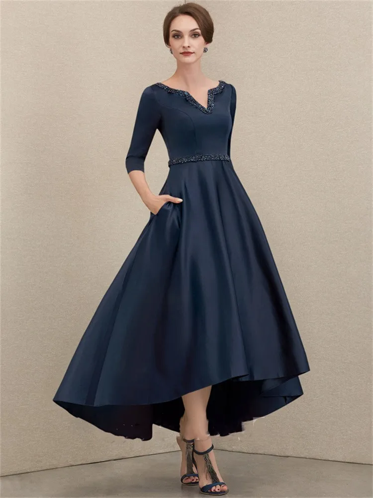 

A-Line Mother of the Bride Dress Elegant Jewel Neck Asymmetrical Satin Lace Short Sleeve with Pleats 2022 Formal Occasion Dress