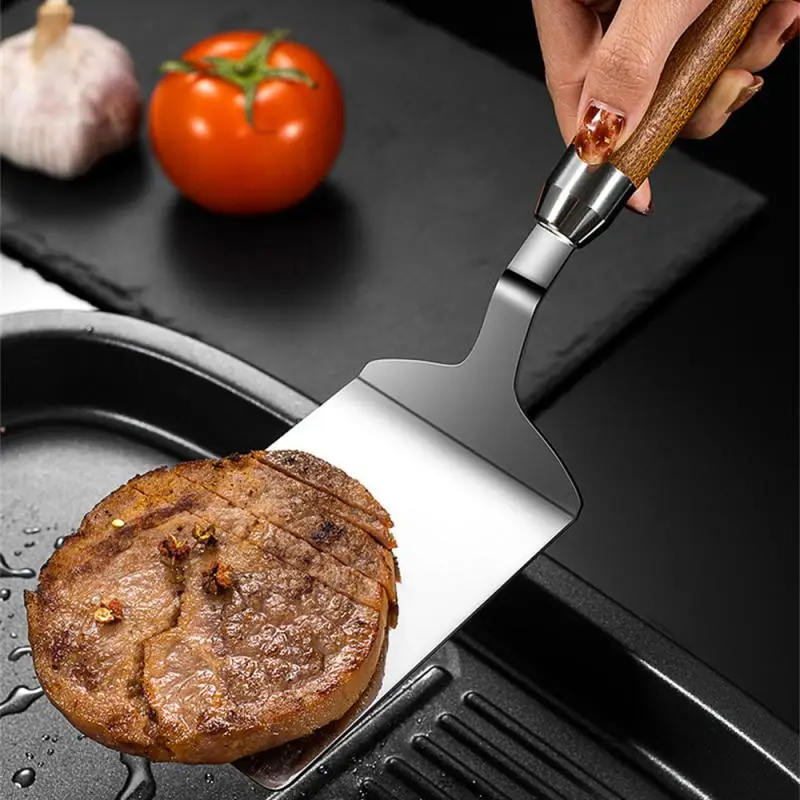 Stainless Steel Square Head Steak Cooking Spatula Wood Handle Pizza Shovel Pancake Beef Turner Scraper BBQ Utensils For Kitchen steak spatula wooden kitchen utensils
