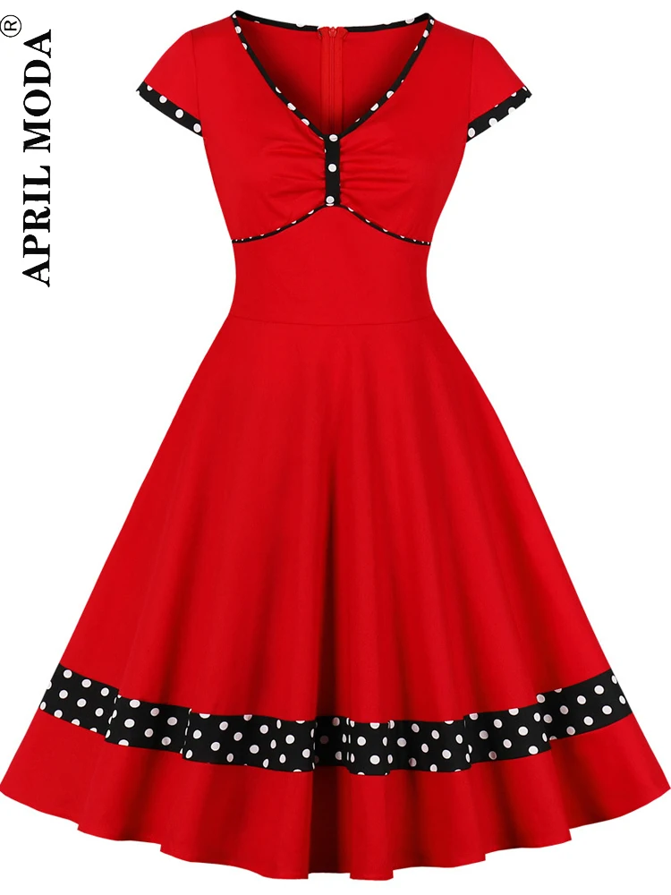 

Summer Cotton Elegant Flare Midi Women's Dress Short Sleeve Patchwork Retro Vintage Polka Dot Print Big Swing Rockabilly Dresses