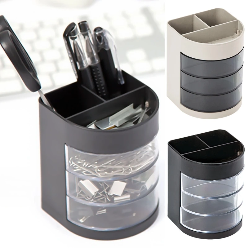 Multifunctional Pen Pencil Holder with 3 Layer Rotating Drawers Desk Organization Storage Box Office Desktop Organizers