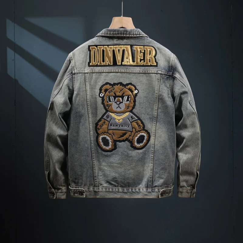 New Street Fashion American Retro Denim Wear Men's Locomotive Korean Style Pu Shuai Bear Embroidery Jacket