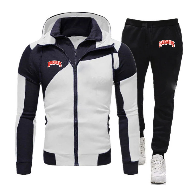 2024 Men's Backwoods Spring and Autumn New Color Matching Hoodie Tracksuit Sporting Casual Tops + Pants Diagonal Zipper Suit 4