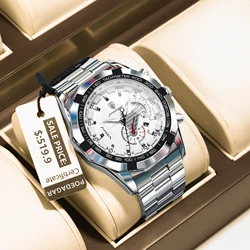 POEDAGAR Men's Stainless Steel Waterproof Quartz Wristwatch with Luminous Display and Calendar (1801 Silver White)