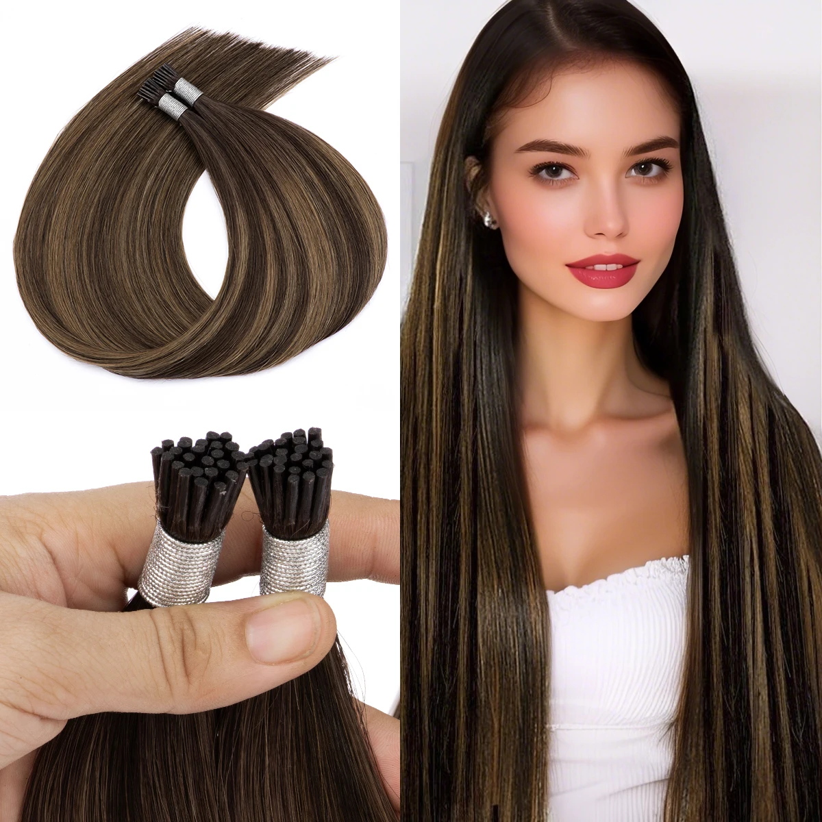 Highlight I Tips Hair Extensions Real Human Hair Ombre Color #2/8/2 Brown Human Extension I Tip Extensions