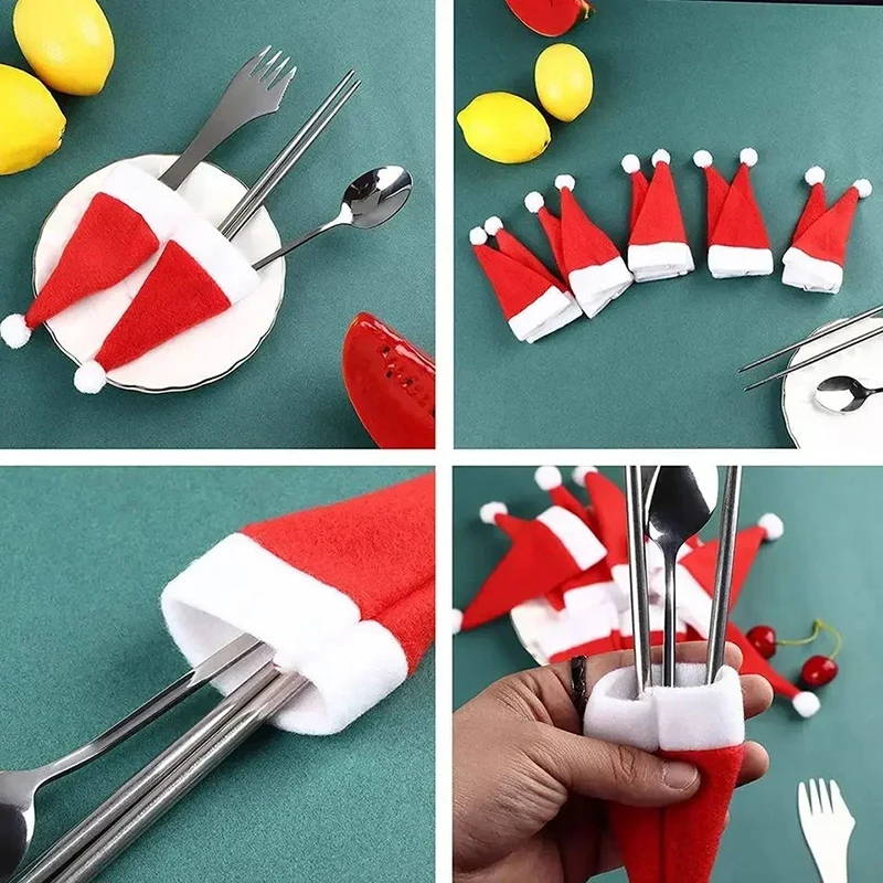 Christmas beanie hat 50PCS Christmas hat For fork knife tableware decorations Plush mini Santa hat family party New Year gifts Xmas small red cap