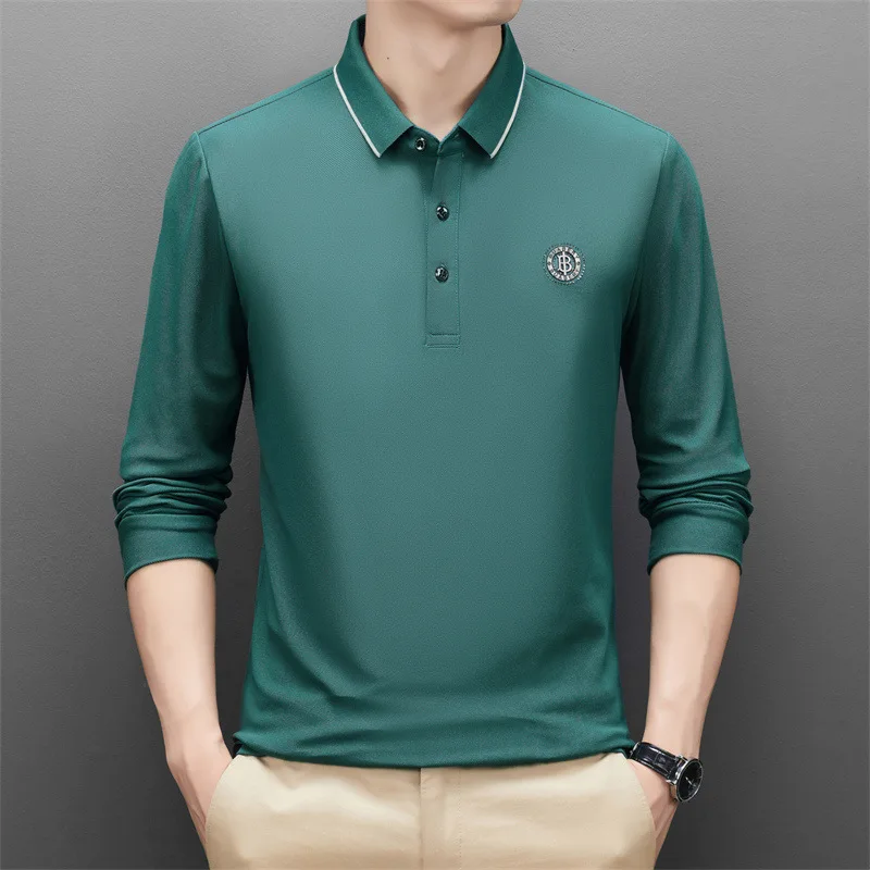 

Spring and Autumn Men's Pullover Polo Collar Button Contrast Epaulet Rivet Long Sleeve T-shirt Polo Bottom Fashion Casual Tops