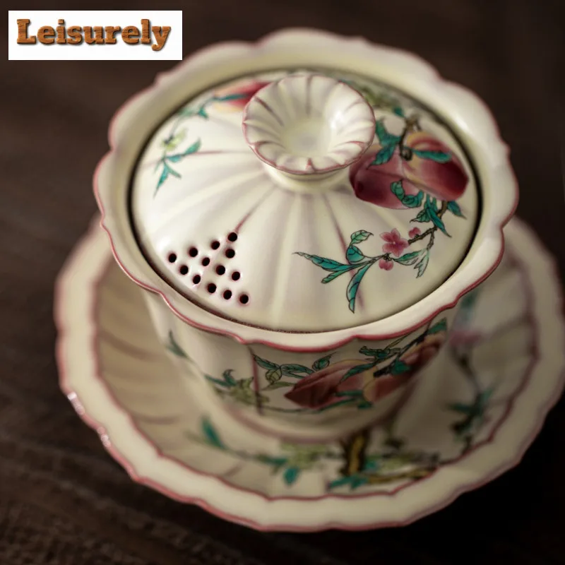 225ml Lard Jelly Ru Kiln Hand Painted Peach Gaiwan Creative Tea Tureen Tea Bowl With Lid Kit Tea Making Cover Bowl For Tea Craft