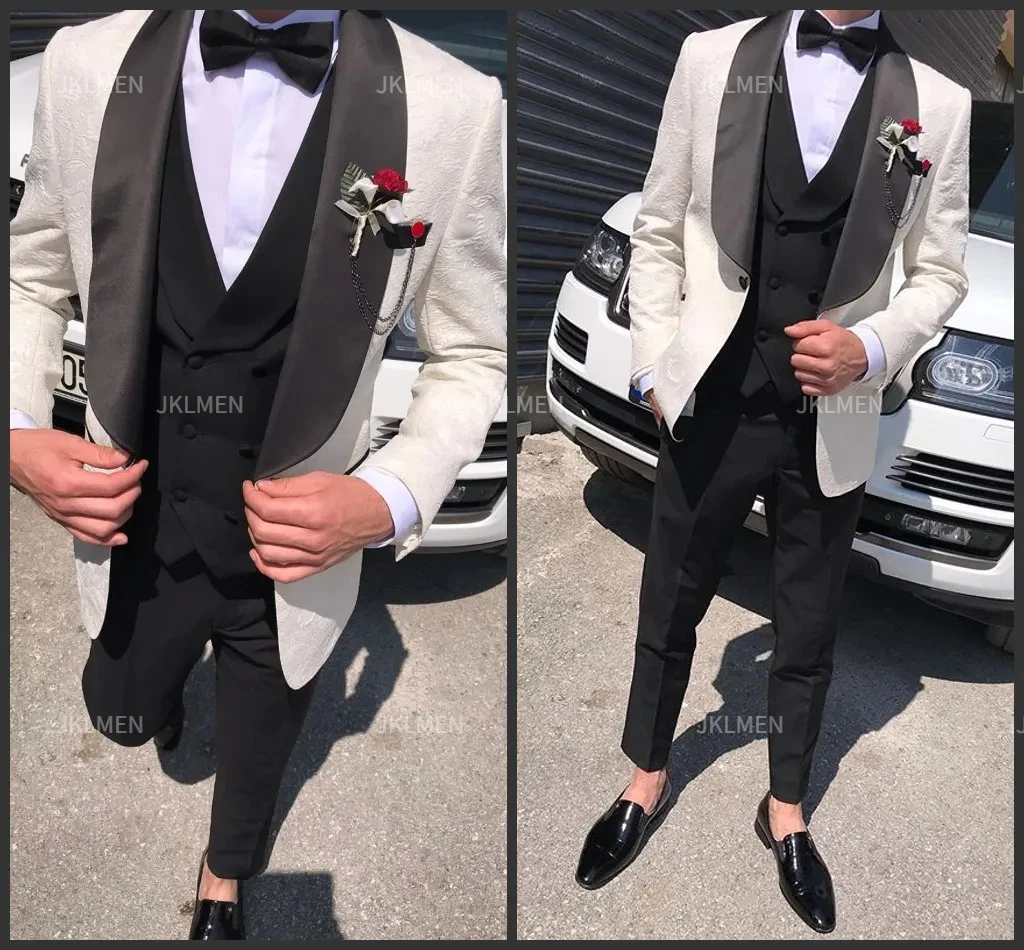 Beach Wedding Tuxedos  Pattern Mens Groom Suits Notched Lapel Slim Fit Prom Party Blazer Jacket(jacket+vest+pants)