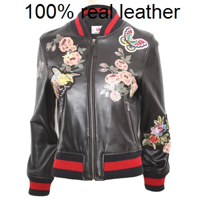 

100% Sheepskin Embroidery Women Black Leather Coat Ladies Baseball Jacket Spring M118