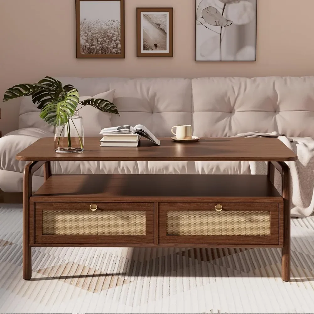 Mid Century Modern Coffee Table with 4 Rattan Drawers,Coffee Tables for Living Room,Convenient for Eating,Gaming,or Working 6