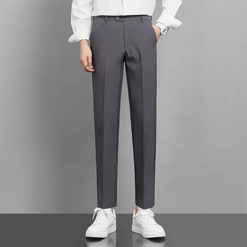 thumbnail image 1 of Pantalones grises para hombre, trajes de trabajo fluidos drapeados para hombre, pantalones de tela de oficina, elegantes, coreanos, reseñas, muchas prendas de diseñador, formales, 1 of 4